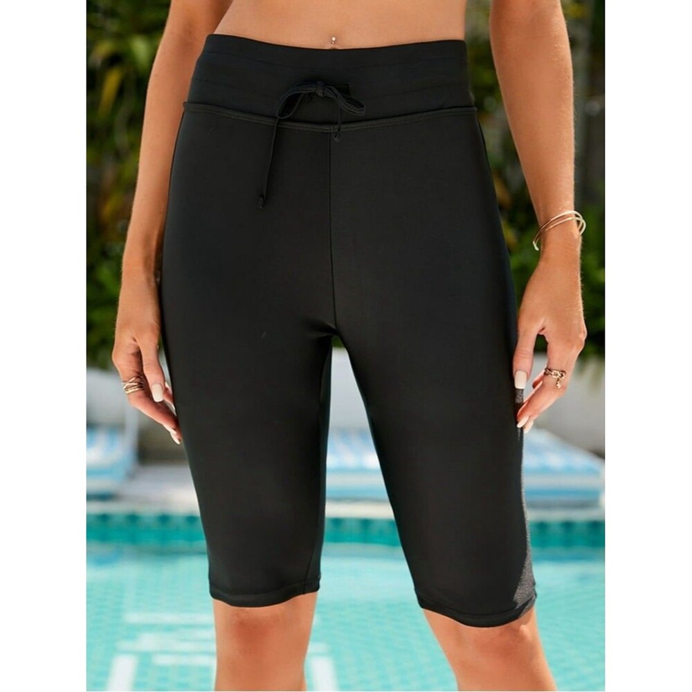 Women's Black Nylon Long Board Shorts Size M Drawstring, 10" Inseam